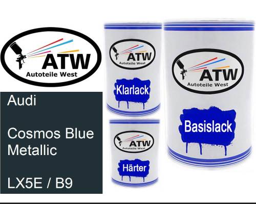 Audi, Cosmos Blue Metallic, LX5E / B9: 500ml Lackdose + 500ml Klarlack + 250ml Härter - Set, von ATW Autoteile West.